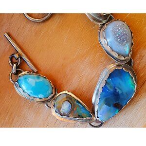 Temi Kucinski Blue Jelly Opal Lapis Cabochons and Sterling Silver Daisy Bracelet